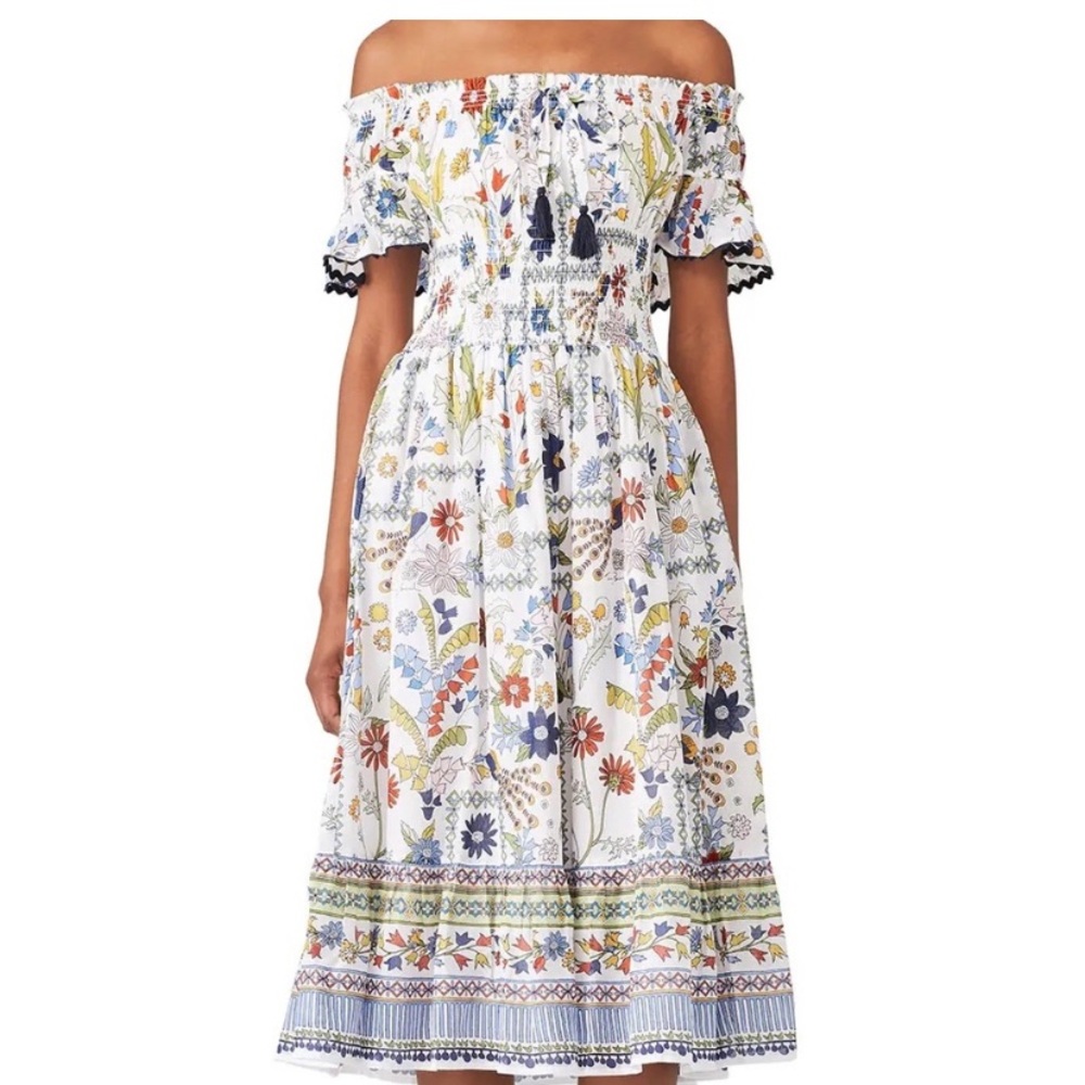 Off-Shoulder White Floral Midi Dress